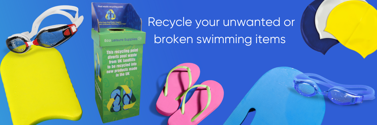 Recycle your unwanted or broken swimming items with images of flip flops, goggles, swim caps, floats